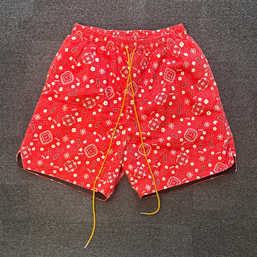 Rhude Red Bandana Print Athletic Shorts with Yellow Drawstring